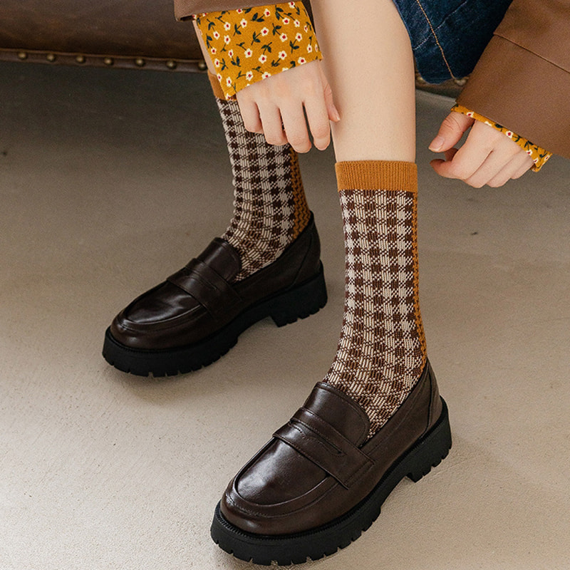 Prinha de leopardo quadriculado Faixa dupla italiana retro dupla agulha meias